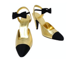 Chanel Gold Metallic Laminated Lambskin Grosgrain Slingback Pumps With Bows