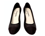 Chanel Black Glitter Grosgrain Cap Toe Logo Pumps With Mirrored Heels