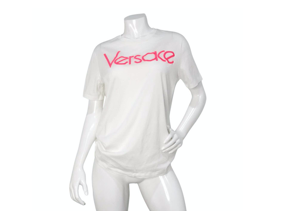 Versace Hot Pink Embroidered White Cotton T-Shirt