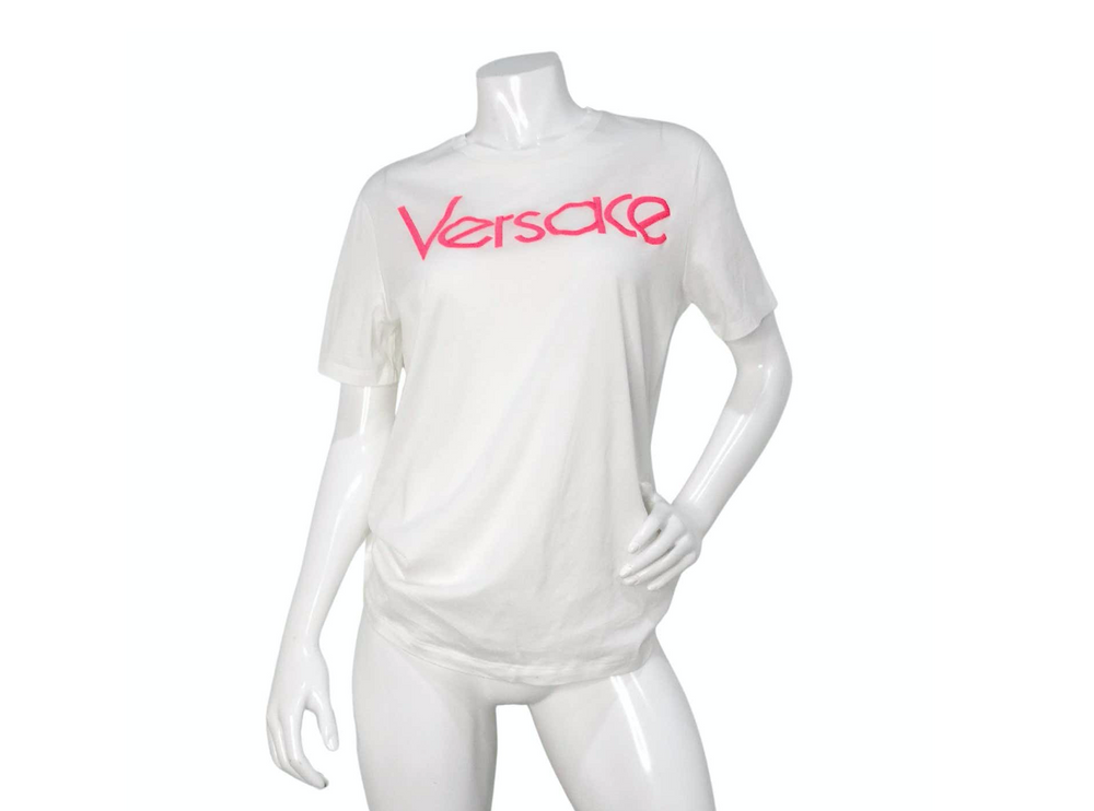 Versace Hot Pink Embroidered White Cotton T-Shirt – Vintage by Misty