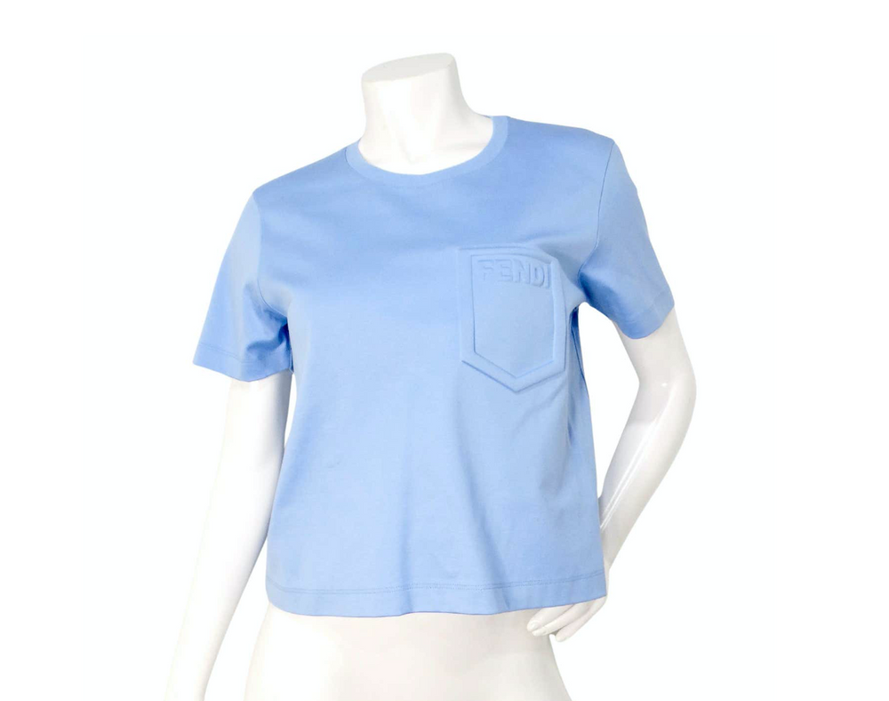 Fendi Light Blue Cotton Logo Embossed Crop Top T-Shirt