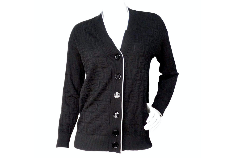 Fendi Black Zucca Monogram Button Down Cardigan With White Lining Vintage by Misty