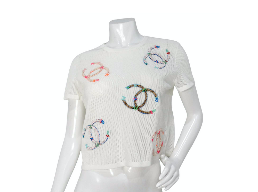 Chanel 2019 White Mesh Embroidered Colorful Interlocking CC Logo T-Shirt