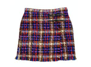 Gucci Tweed Multicolor Plaid Frayed Skirt With Horseshoe Buckle Detailing