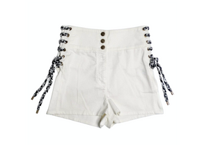 Chanel White High-Waisted Cotton Stretch Denim Shorts With Lace Up Braid Detail