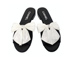 Chanel Silk Bow Leather Sandals With Crystal Interlocking CC