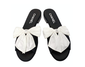 Chanel Silk Bow Leather Sandals With Crystal Interlocking CC