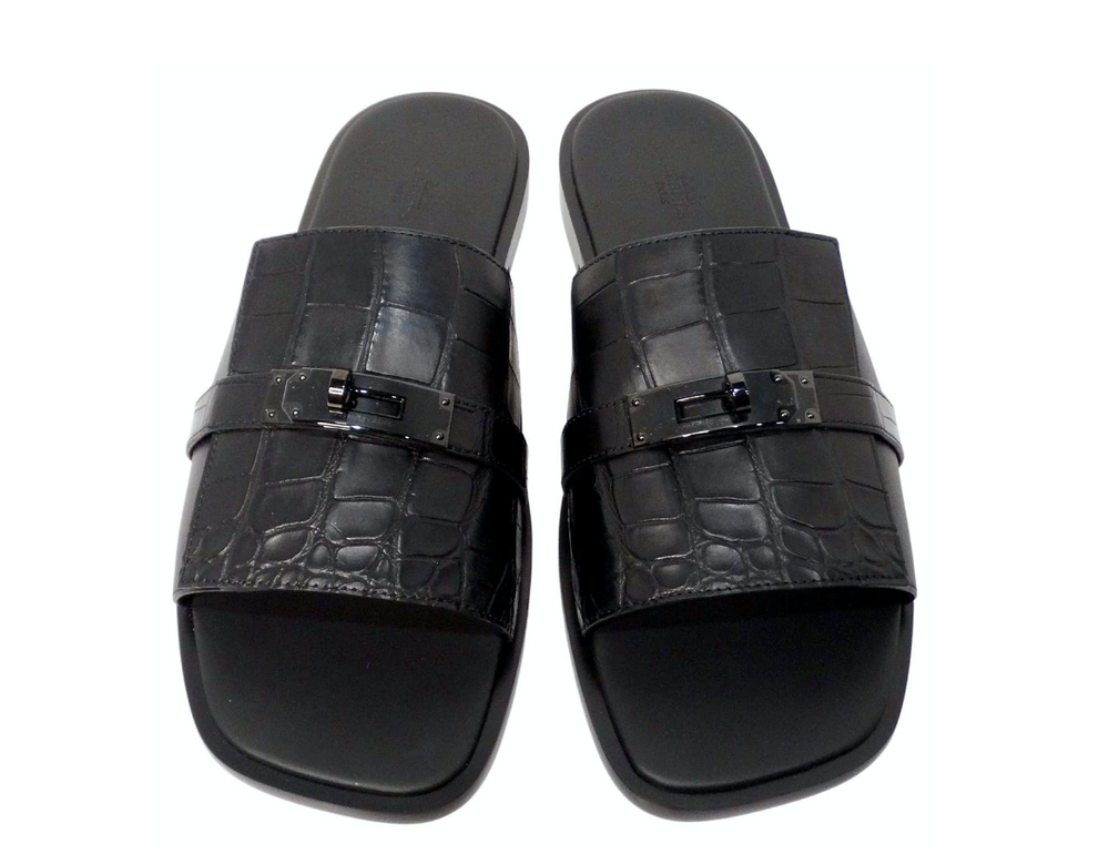 Hermes Mens Made-To-Order Gabriel Black Alligator Leather Slide Sandals