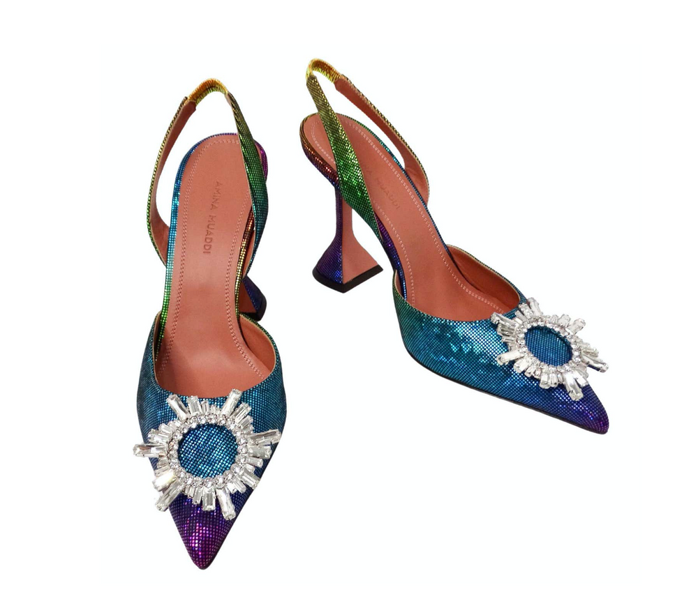 Amina Muaddi Begum Ombre Rainbow Metallic Suede Slingback Pumps