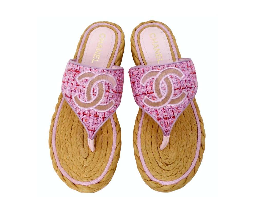 Chanel 2020 Light Purple Pink Tweed Mesh Thong Sandals