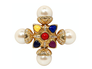 Escada 1990s Multicolor Cross Pearl Gold-Tone Brooch