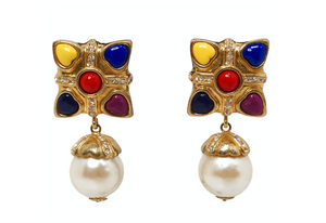 Esacada 1990s Multicolor Hearts & Pearl Drop Gold-Tone Clip-On Earrings