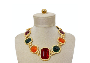 1980s Chanel-Like Colorful Jewel-Tone Costume Statement Necklace