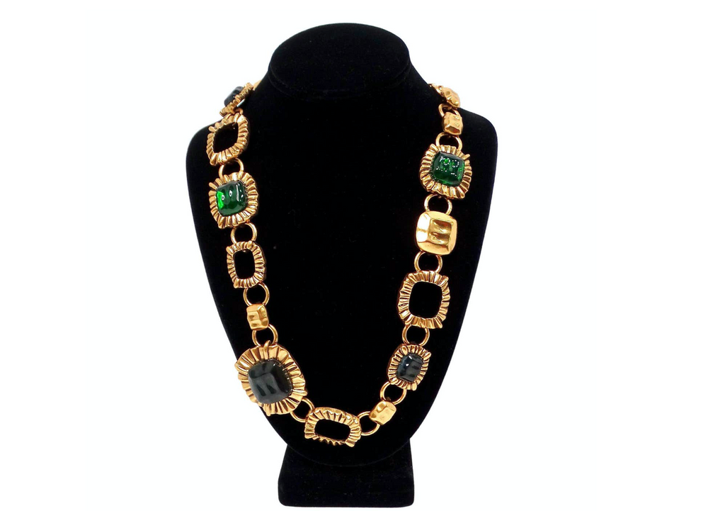 Oscar de la Renta Circa 1990s Green Jewel-Toned Chain Statement Necklace