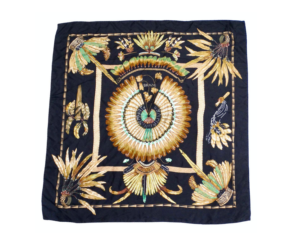 Hermes Carre 90 Brazil Feather Print Silk Scarf