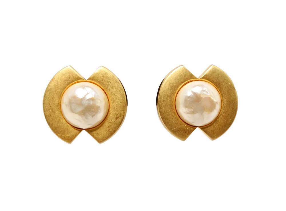 Karl Lagerfeld Vintage Gold-Tone Geometric Costume Pearl Clip-On Earrings