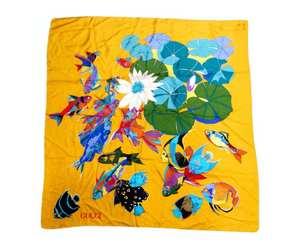 Gucci 1980s Silk Yellow Floral & Fish Motif Printed Scarf