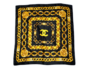 Chanel 1980s Silk Chain Motif Black & Gold Printed Scarf