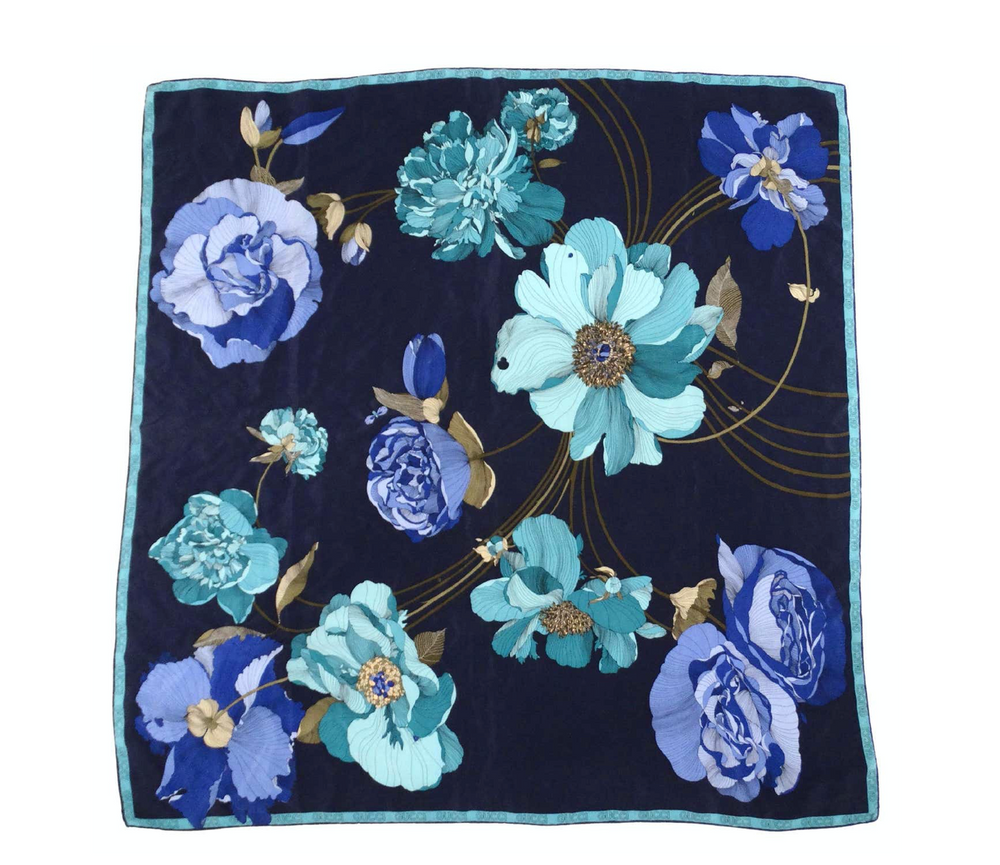 Gucci Vintage Silk Blue Floral Print Scarf