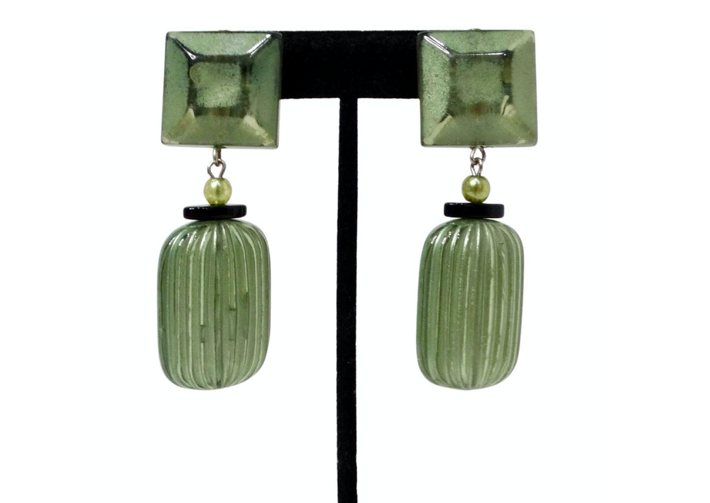 Green Jewel-Tone Beaded Costume Clip-On Dangle Earrings