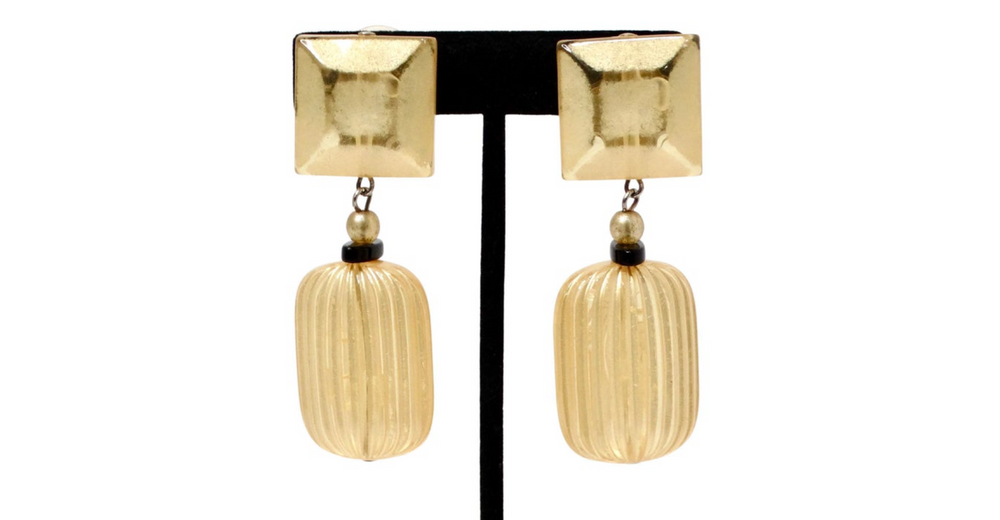 Yellow Jewel-Tone Beaded Costume Clip-On Dangle Earrings