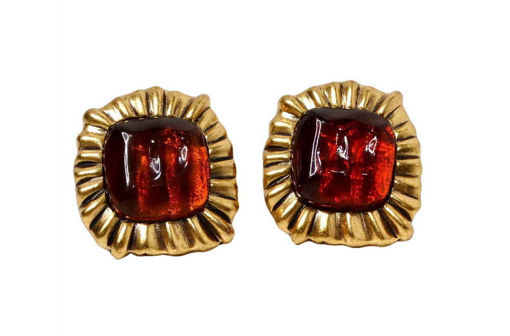 Oscar de la Renta Circa 1990s Red & Orange Jewel-Tone Clip-On Earrings