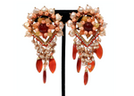 Pearly Intricate Beaded Pink & Orange Dangle Clip-On Statement Earrings