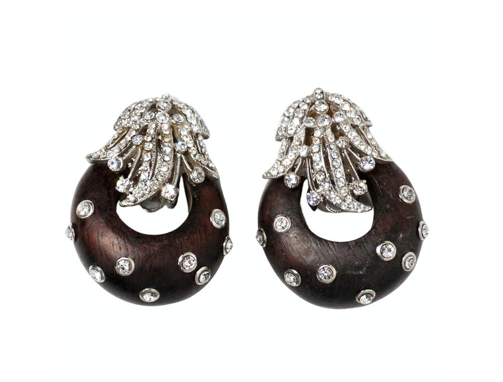 Barrera Teak Wood & Rhinestone Clip-On Statement Earrings