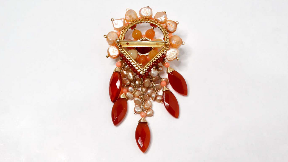 Pearly Intricate Beaded Pink & Orange Dangling Brooch