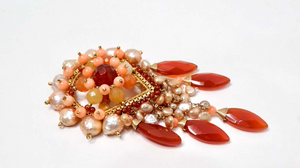 Pearly Intricate Beaded Pink & Orange Dangling Brooch