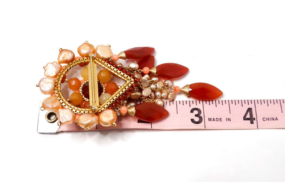 Pearly Intricate Beaded Pink & Orange Dangling Brooch