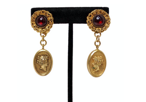 Pierre Lorion Sylvia Karels 1980's Red Cabochon Medallion Clip-On Earrings