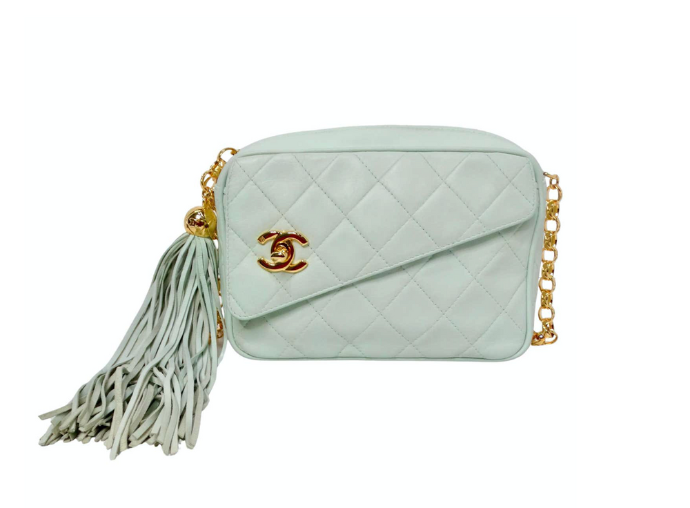 Chanel 1998 Mint Quilted Lambskin Crossbody Camera Bag With Tassel