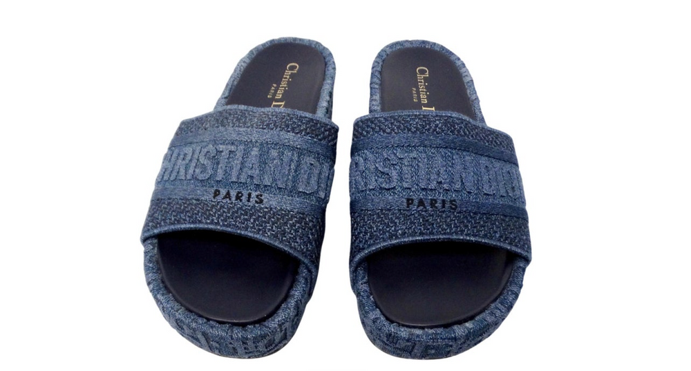 Christian Dior D-way Embroidered Denim Platform Slide Sandals