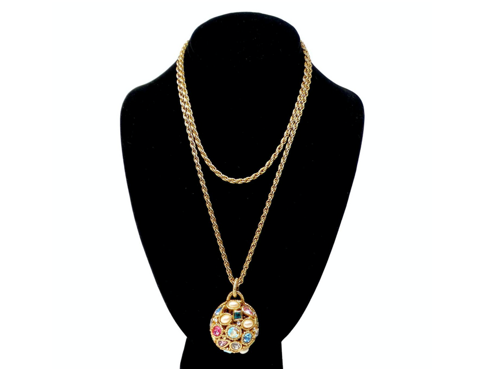 Vintage Long Rope Chain & Multicolor Costume Jewel Encrusted Pendant Necklace