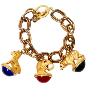 Vintage 14k Gold Plated Jewel-Tone Animal Motif Charm Bracelet