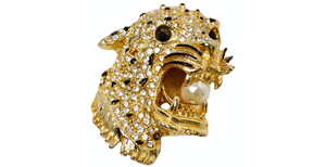 1970s Leopard Rhinestone Encrusted Gold-Tone Brooch With Pearl