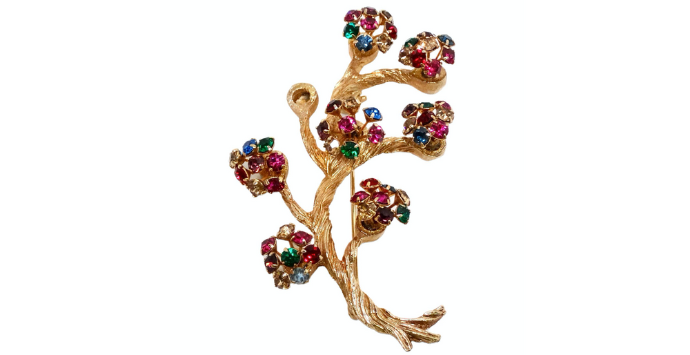 1950s Gold-Tone Multi-Color Rhinestone Flower & Branch Motif Brooch