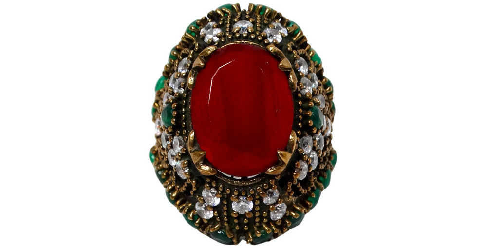 Vintage Sterling Silver Costume Ruby and Emerald Statement Cocktail Ring