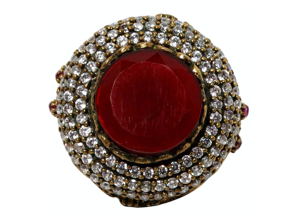 Vintage Costume Ruby & Rhinestone Detailed Round Statement Cocktail Ring