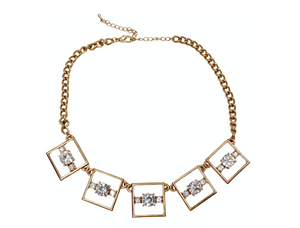 Gold-Tone Geometric Square Link Necklace With Rhinestone Accents