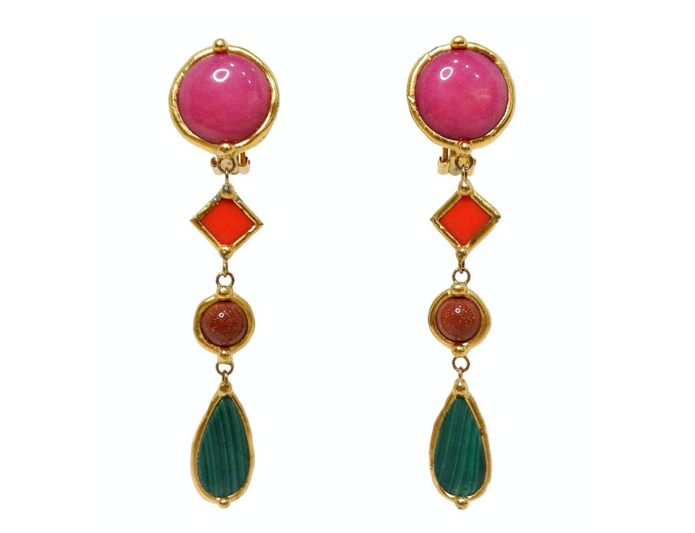 Vauquelin Handmade French Multicolor 18k Gold Plated Dangle Clip-On Earrings