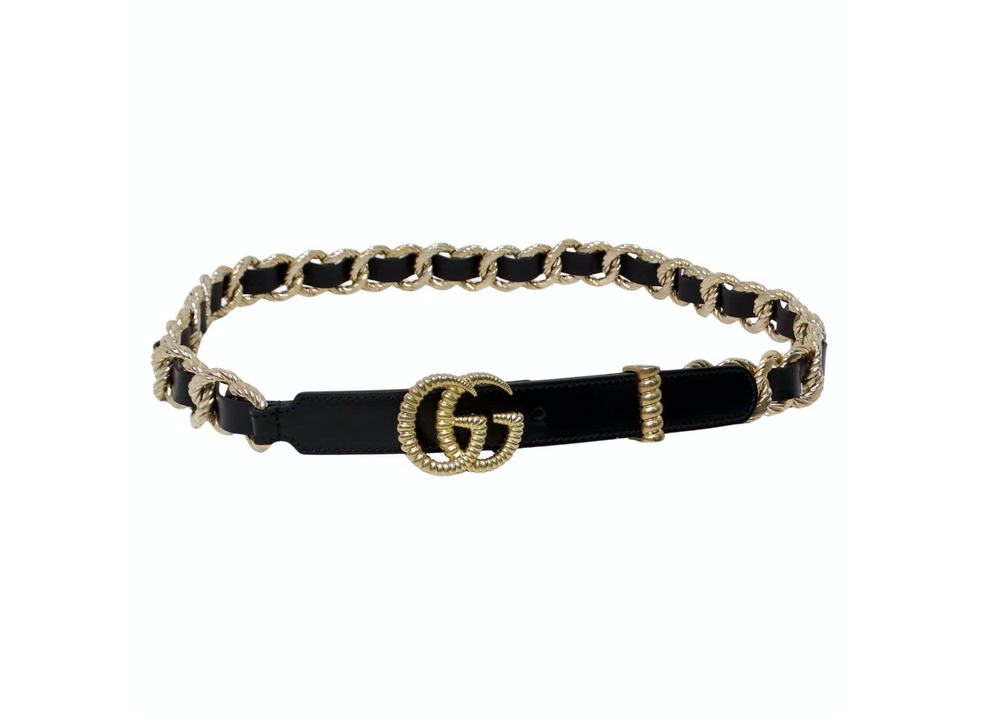 Gucci Black Calfskin Leather Double G Logo Champagne Gold Tone Belt