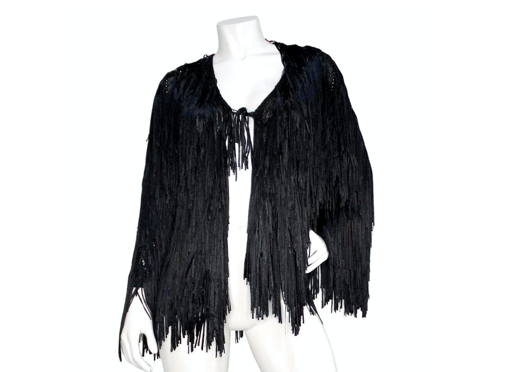 Italian Black Silk Ribbon Fringe Statement Crochet Jacket