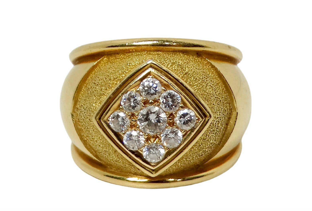 Leo De Vroomen 1980s 18k Gold & 9-Diamond Cluster Cocktail Ring