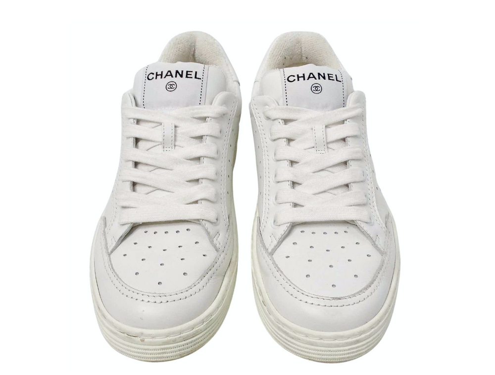 Chanel 2020 White Calfskin Perforated Leather Logo Sneakers Chanel 2020 White Calfskin Perforated Leather Logo Sneakers