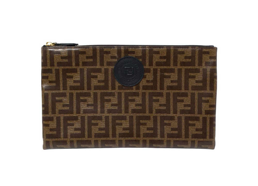 Fendi Brown Zucca Coated Canvas Leather Zip Pouch