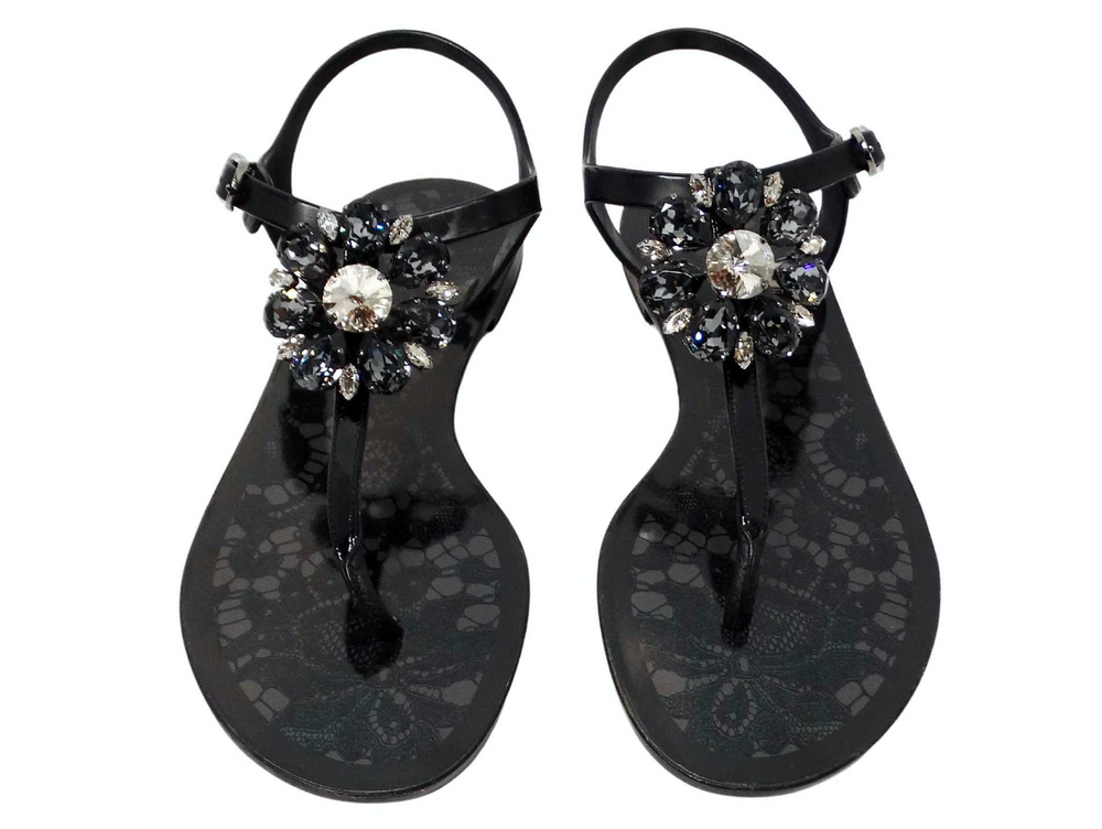 Dolce & Gabbana Black Jelly Lace Print Sandals With Crystal Flower Embellishment