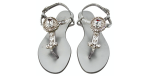 Dolce & Gabbana Silver Leather T-Strap Sandals With Crystal Embellishments