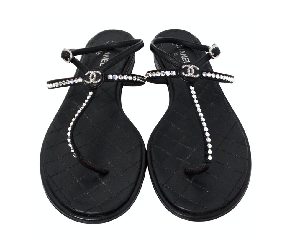 Chanel Black Lambskin Leather Interlocking CC Rhinestone Thong Sandals